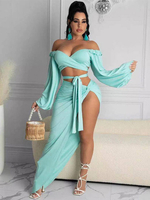 Zweiteilige Sets Mintgrün Polyester Lace Up Sexy Top Sommer Lange Ärmel Bateau Neck Backless Damen Outfit