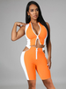 Zweiteilige Sets Orange Lycra Spandex Entworfener Ausschnitt Zweifarbiger Plissee Reißverschluss Freizeithosen Ärmelloses Damen Outfit
