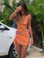 Zweiteilige Sets Orange Polyester Jewel Neck Blumendruck Knot Split Front Casual Rock Ärmelloses Sommeroutfit