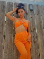 Zweiteilige Sets Orange Polyester Lace Up Sexy ärmelloses Damen Outfit