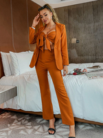 Zweiteilige Sets Orange Rot Polyester Knöpfe Plissee Lässige Lange Hosen Lange Ärmel V-Ausschnitt Stretch Damen Outfit