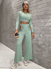 Zweiteilige Sets Pastellgrün Polyester Cut Out Ketten Lange Ärmel Jewel Neck Stretch Casual T-Shirt Hosen Winter Outfit Für Frauen