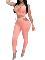 Zweiteilige Sets Pink Polyester Lace Up Casual Pants Ärmelloses Damen-Outfit