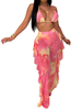 Zweiteilige Sets Pink Polyester Off-The-Shoulder Tie Dye Sexy BHs mit gekräuselten transparenten Hosen