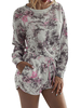 Zweiteilige Sets Rosa Polyester bedruckte lässige Langarm-Jewel Neck Top mit Shorts