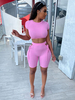 Zweiteilige Sets Rosa Polyester Lace Up Casual Top Sommer Kurze Ärmel Jewel Neck Stretch Damen Outfit