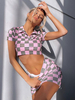 Zweiteilige Sets Rosa Polyester Umlegekragen Kariertes Muster Knöpfe Casual Top Kurzarm Outfit Sleeve