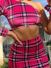 Zweiteilige Sets Rose Plaid Pattern Polyester One-Shoulder Piping Freizeitrock Langarm Sommeroutfit