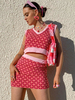 Zweiteilige Sets Rot Polyester V-Ausschnitt Plaid Piping Casual Rock Ärmelloses Cami Top Damen Outfit