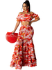 Zweiteilige Sets Roter Polyester Bateau-Ausschnitt Blumendruck Kurzarm Plissee Sexy Tube Top Frauen Outfit