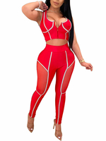 Zweiteilige Sets Roter Polyester-Reißverschluss Zweifarbiges; lässiges; ärmelloses Damen-Outfit mit U-Ausschnitt