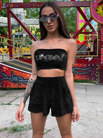Zweiteilige Sets Schwarz Polyester Trägerlose Strass Freizeithosen Ärmelloses Damen Outfit