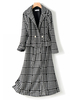 Zweiteilige Sets Schwarz Polyester V-Ausschnitt Plaid Split Front Knöpfe Lange Ärmel Klassischer Blazer Mantel Knielanger Rock Damen Outfit
