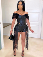 Zweiteilige Sets Schwarz PU Leder Square Neck Fringe Sexy Weste Kurze Ärmel Damen Outfit