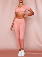 Zweiteilige Sets Weiches Rosa Polyester Sportlich Herbst Lange Ärmel Jewel Neck Verknotet Damen Outfit