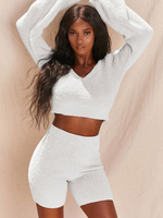 Zweiteilige Sets Weiße Baumwollmischung Lässiges Winter-Langarm-Outfit mit V-Ausschnitt für Frauen