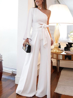 Zweiteilige Sets Weißes Polyester Casual Sommer Lange Ärmel One-Shoulder Damen Outfit