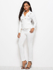 Zweiteilige Sets White Polyester Turndown Collar Paspelknöpfe Langarm Lässiges Top-Outfit für Frauen