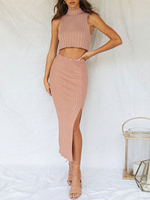 Zweiteilige Sätze rosa Stehkragen lässig ärmellose Pullover Frauen Outfit