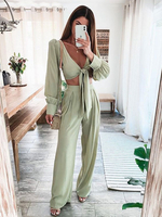 Zweiteiliges Set aus hellgrünem Polyester mit V-Ausschnitt und lässigem Langarm-Outfit für Damen
