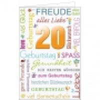 Geburtstagskarte zum 20. mit bunten Schriften